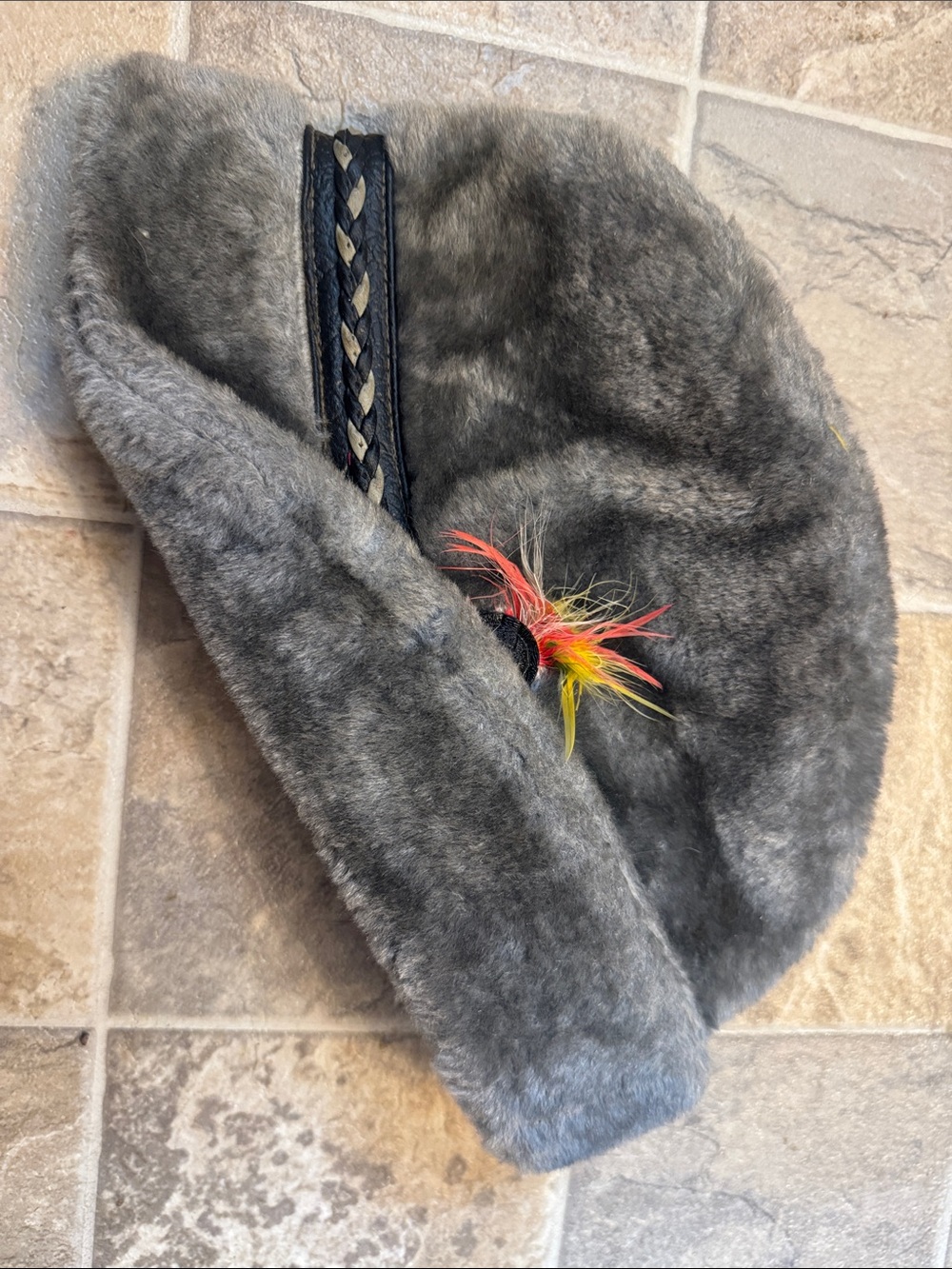 Vintage Stetson Gray Fuzzy Felt Fedora Hat Feather Braided Band Union Made